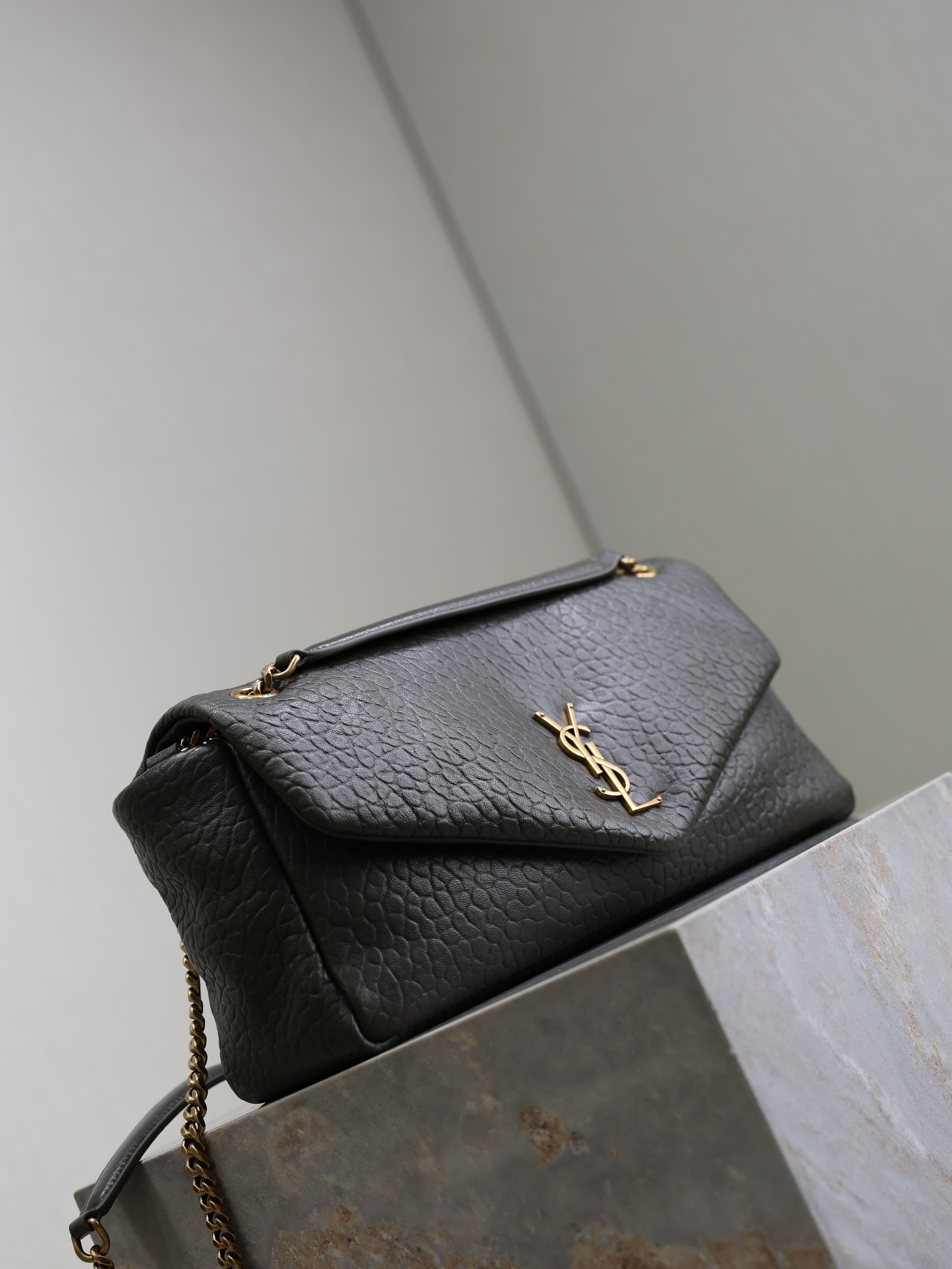 YSL 25S CALYPSO 30 IN DARK OLIVE GRAINED CALFSKIN GOLD HARDWARE