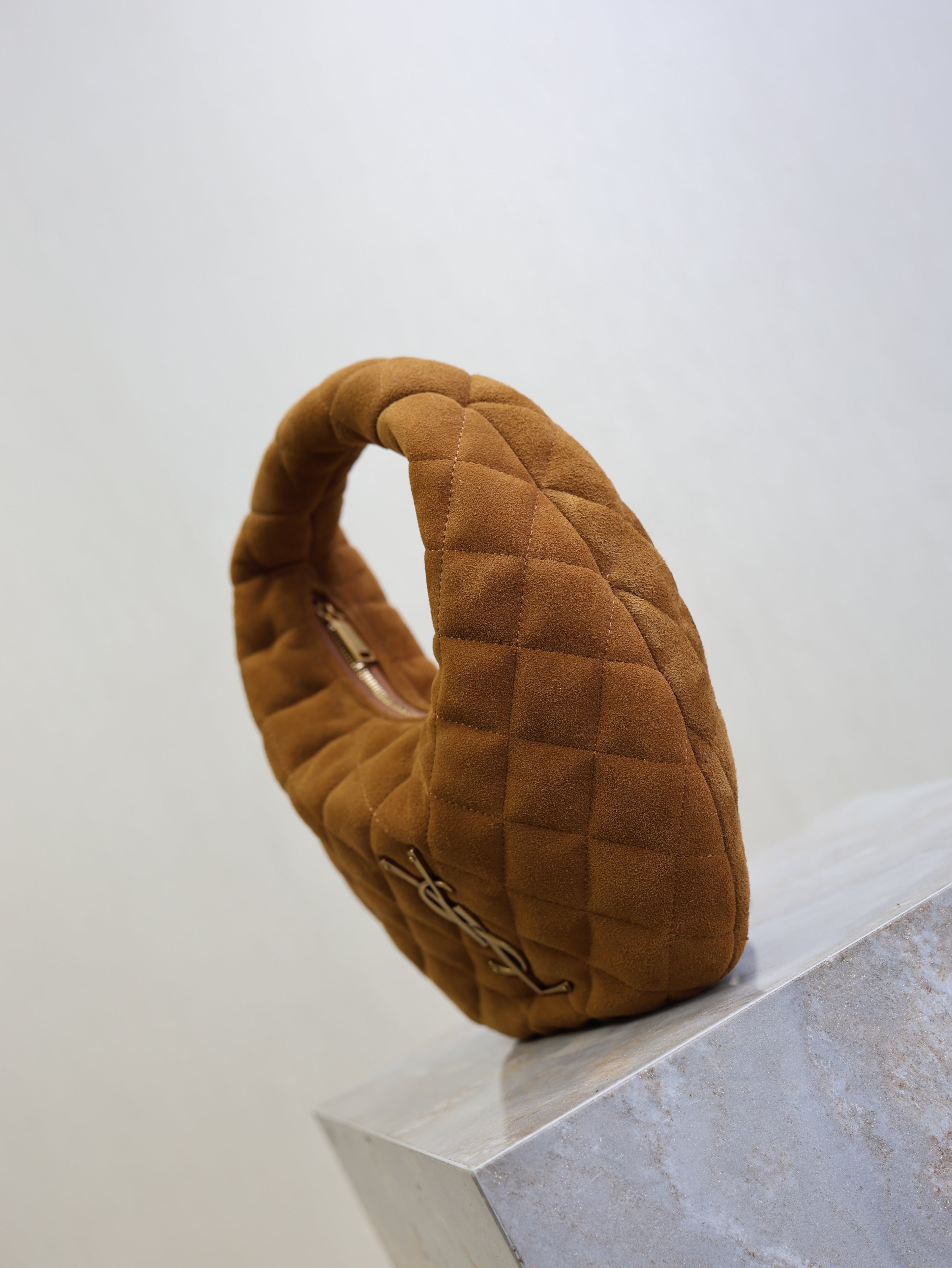 YSL 25S ICARINO MINI 17 IN CARAMEL QUILTED SUEDE GOLD HARDWRE