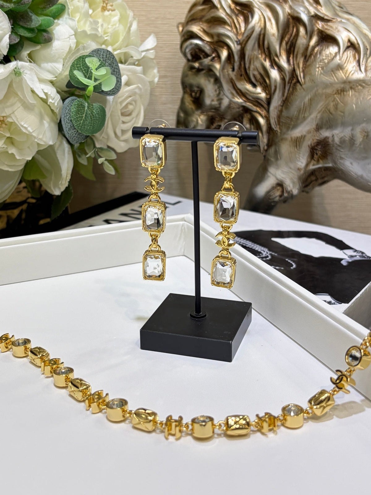 Chanel 2026 Gold Double C Transparent Rock Candy Long Stud Earrings