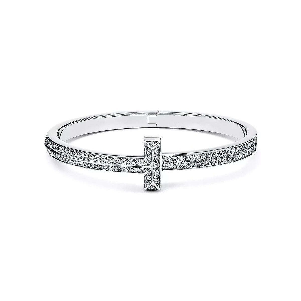 Tiffany Wide Cubic Zirconia Hinged Bangle Silver